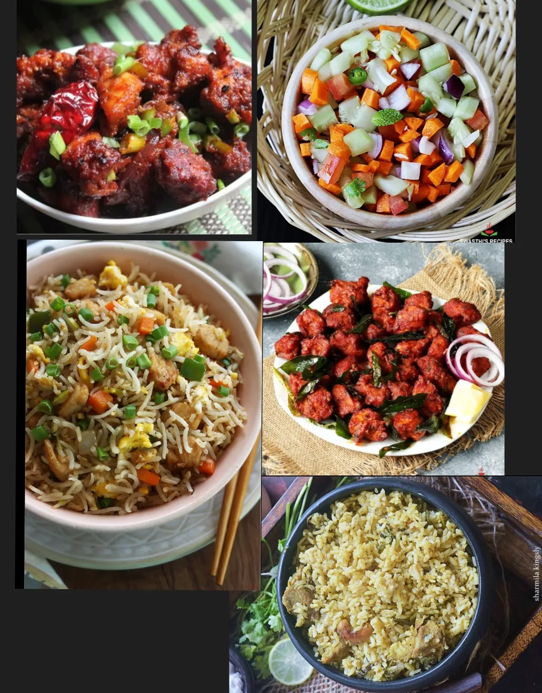 Biriyani Rice, Fried Rice, Salad, Chicken 65 And Chilli Chicken